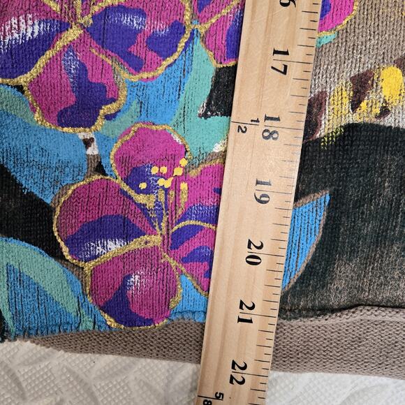 Vintage Sweater Women 1 (L XL) Handpainted Tiger Elephant 3D Flowers Tan Cropped - Picture 11 of 12